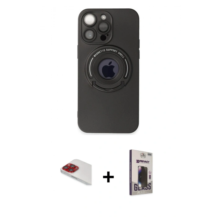 MARSİLYAN™- iPhone 13 Pro Max Kılıf Eksen Klasik Prime - Siyah Bilvis Hayalet Cam Ekran Koruyucu + Pers Alüminyum Kamera Lens - KI