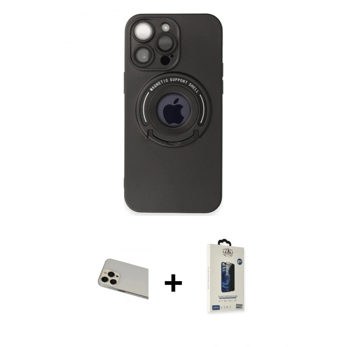 MARSİLYAN™- iPhone 13 Pro Max Kılıf Eksen Klasik Prime - Siyah Bilvis Hayalet Cam Ekran Koruyucu + Rainbow Kamera Lens Koruma Cam - REGD