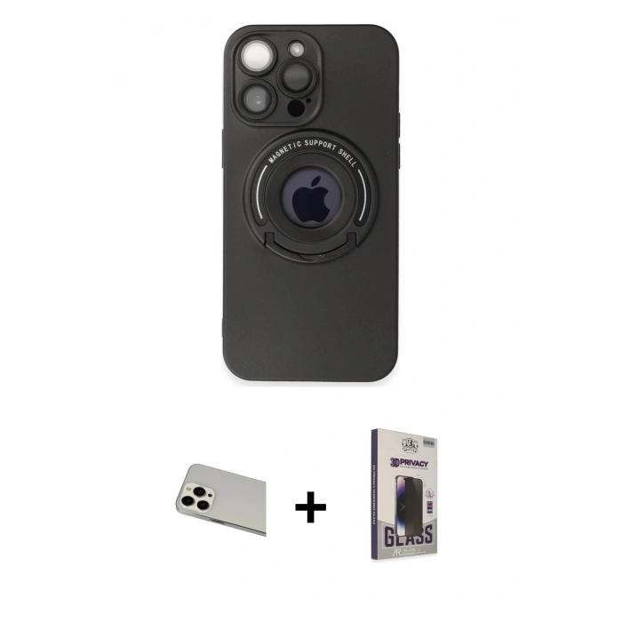 MARSİLYAN™- iPhone 13 Pro Max Kılıf Eksen Klasik Prime - Siyah Bilvis Hayalet Cam Ekran Koruyucu + Rainbow Kamera Lens Koruma Cam - BZ
