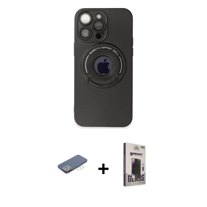 MARSİLYAN™- iPhone 13 Pro Max Kılıf Eksen Klasik Prime - Siyah Bilvis Hayalet Cam Ekran Koruyucu + Renkli Kamera Lens Koruma Cam - YL