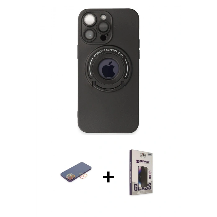 MARSİLYAN™- iPhone 13 Pro Max Kılıf Eksen Klasik Prime - Siyah Bilvis Hayalet Cam Ekran Koruyucu + Renkli Kamera Lens Koruma Cam - TU