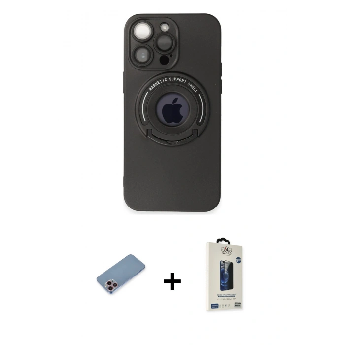 MARSİLYAN™- iPhone 13 Pro Max Kılıf Eksen Klasik Prime - Siyah Bilvis Hayalet Cam Ekran Koruyucu + Shine Kamera Lens Koruma Cam - PE