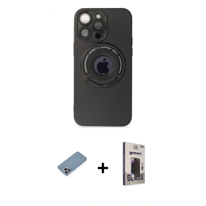 MARSİLYAN™- iPhone 13 Pro Max Kılıf Eksen Klasik Prime - Siyah Bilvis Hayalet Cam Ekran Koruyucu + Shine Kamera Lens Koruma Cam - GI