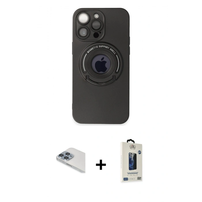 MARSİLYAN™- iPhone 13 Pro Max Kılıf Eksen Klasik Prime - Siyah Bilvis Hayalet Cam Ekran Koruyucu + Sierra Blue Pers Alüminyum Kamera Lens