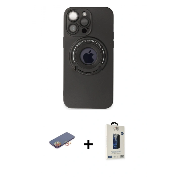 MARSİLYAN™- iPhone 13 Pro Max Kılıf Eksen Klasik Prime - Siyah Bilvis Hayalet Cam Ekran Koruyucu + Turuncu Renkli Kamera Lens Koruma Cam