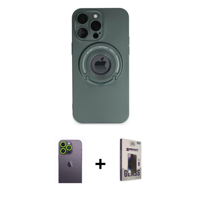 MARSİLYAN™- iPhone 13 Pro Max Kılıf Eksen Klasik Prime - Siyah Bilvis Hayalet Cam Ekran Koruyucu + Neon Fosforlu Kamera Lens - YL