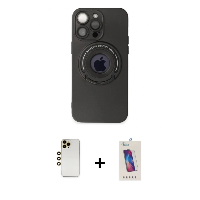 MARSİLYAN™- iPhone 13 Pro Max Kılıf Eksen Klasik Prime - Siyah Joko 5D Cam + Gold Shine Kamera Lens