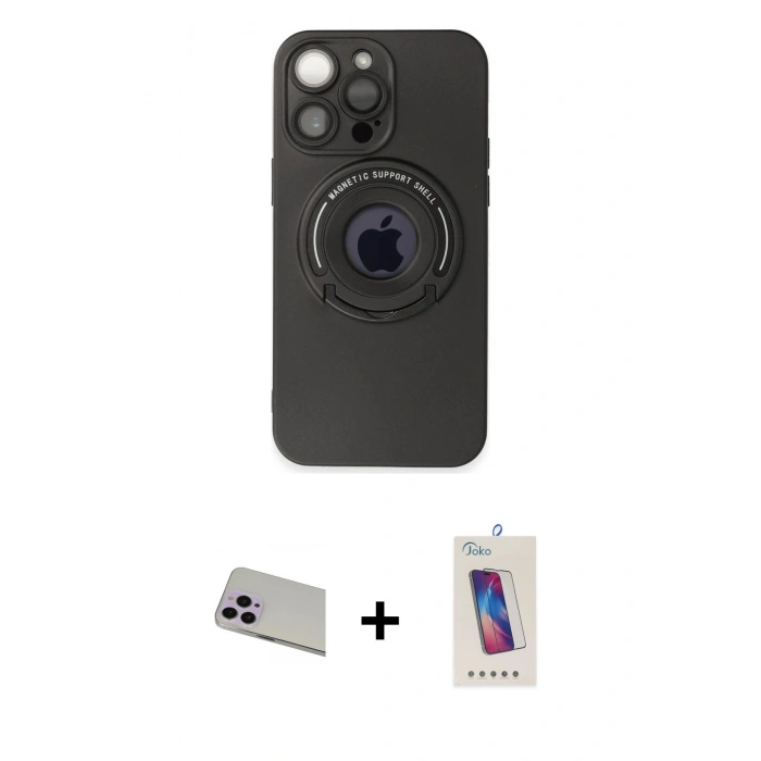 MARSİLYAN™- iPhone 13 Pro Max Kılıf Eksen Klasik Prime - Siyah Joko 5D Cam + Rainbow Kamera Lens Koruma Cam - MR