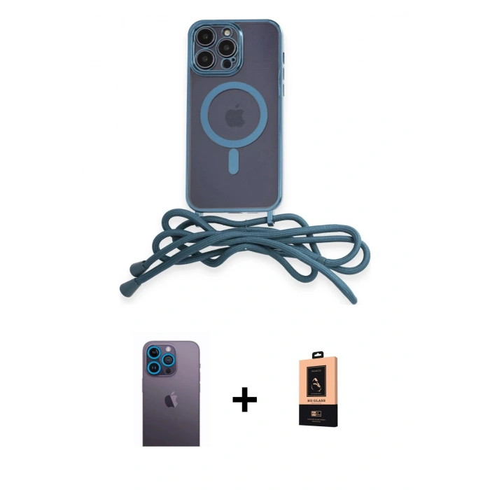 MARSİLYAN™- iPhone 13 Pro Max Kılıf Eksen Özel Seri - Şeffaf Maxco Cam Ekran Koruyucu + Mavi Neon Fosforlu Kamera Lens