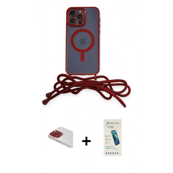 MARSİLYAN™- iPhone 13 Pro Max Kılıf Eksen Özel Seri - Şeffaf Pasifik Cam Ekran Koruyucu + Kırmızı Pers Alüminyum Kamera Lens