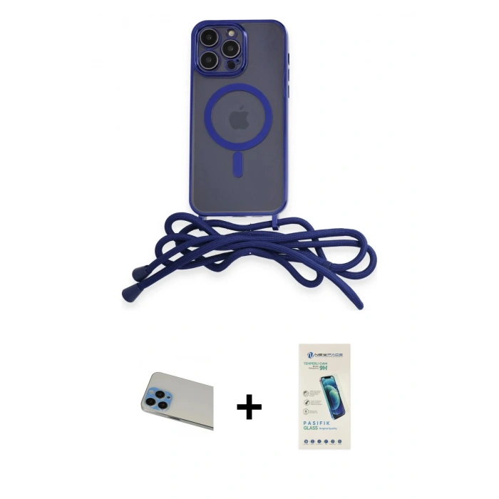MARSİLYAN™- iPhone 13 Pro Max Kılıf Eksen Özel Seri - Şeffaf Pasifik Cam Ekran Koruyucu + Mavi Rainbow Kamera Lens Koruma Cam