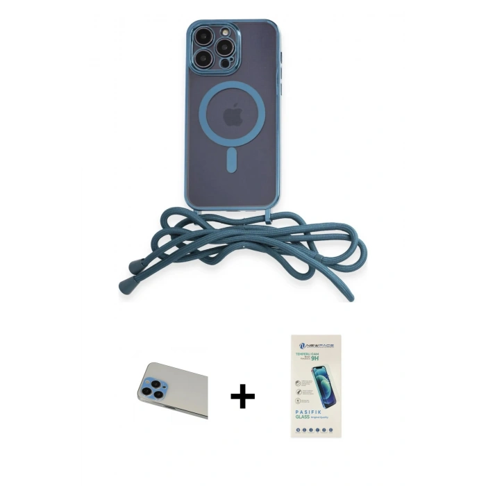 MARSİLYAN™- iPhone 13 Pro Max Kılıf Eksen Özel Seri - Şeffaf Pasifik Cam Ekran Koruyucu + Mavi Rainbow Kamera Lens Koruma Cam