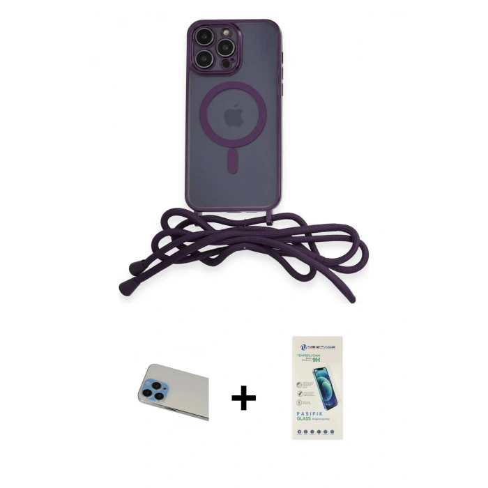 MARSİLYAN™- iPhone 13 Pro Max Kılıf Eksen Özel Seri - Şeffaf Pasifik Cam Ekran Koruyucu + Mavi Rainbow Kamera Lens Koruma Cam
