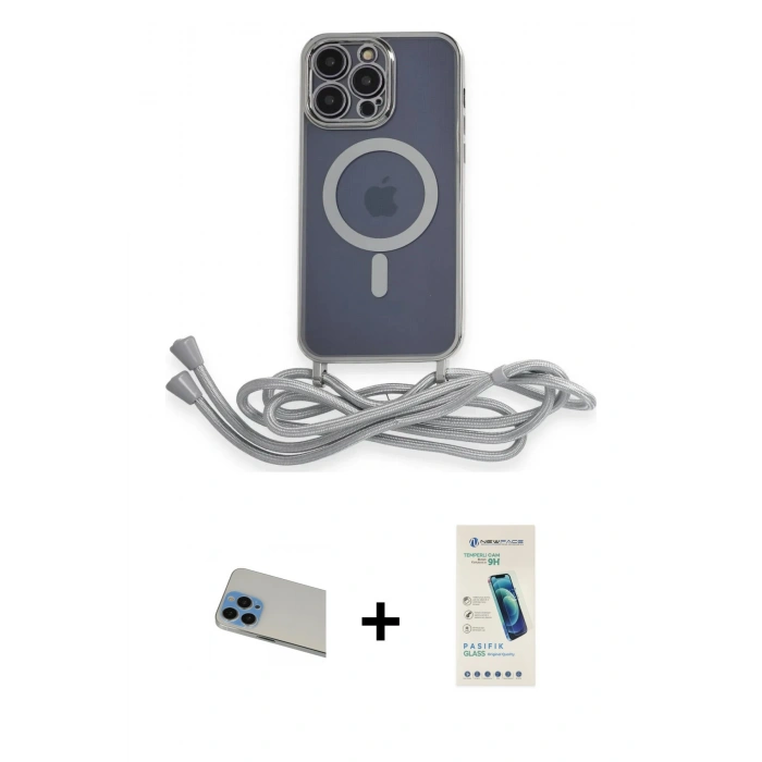 MARSİLYAN™- iPhone 13 Pro Max Kılıf Eksen Özel Seri - Şeffaf Pasifik Cam Ekran Koruyucu + Mavi Rainbow Kamera Lens Koruma Cam
