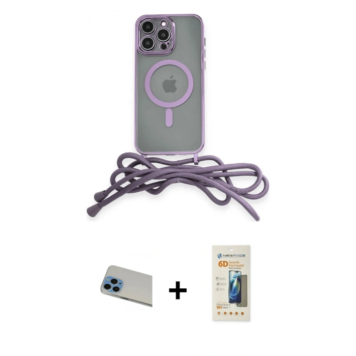 MARSİLYAN™- iPhone 13 Pro Max Kılıf Eksen Özel Seri - Siyah 6D Mat Seramik Hayalet Nano Ekran Koruyucu + Mavi Rainbow Kamera Lens Koruma Cam