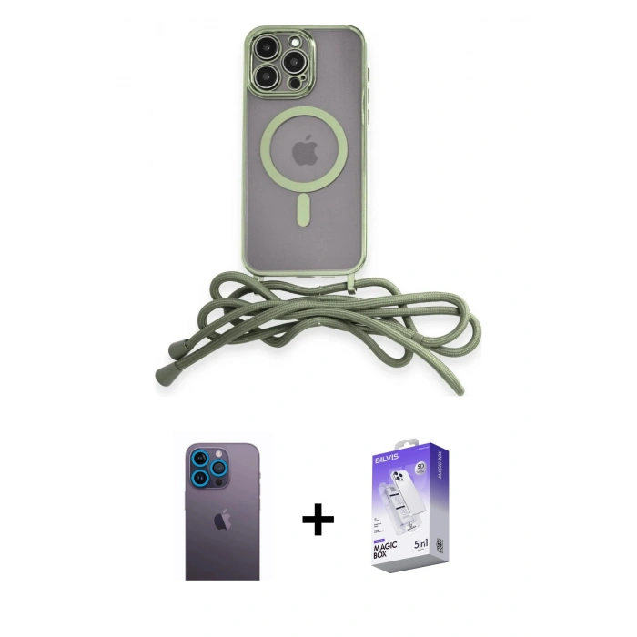 MARSİLYAN™- iPhone 13 Pro Max Kılıf Eksen Özel Seri - Siyah Bilvis 5in1 3D Magic Cam Ekran Koruyucu + Mavi Neon Fosforlu Kamera Lens
