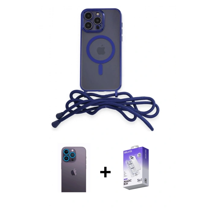 MARSİLYAN™- iPhone 13 Pro Max Kılıf Eksen Özel Seri - Siyah Bilvis 5in1 3D Magic Cam Ekran Koruyucu + Mavi Neon Fosforlu Kamera Lens