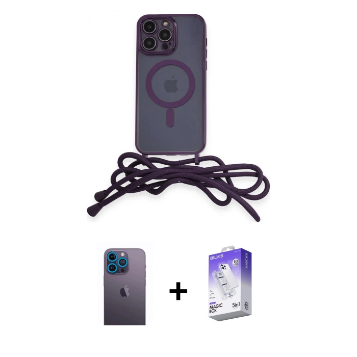 MARSİLYAN™- iPhone 13 Pro Max Kılıf Eksen Özel Seri - Siyah Bilvis 5in1 3D Magic Cam Ekran Koruyucu + Mavi Neon Fosforlu Kamera Lens