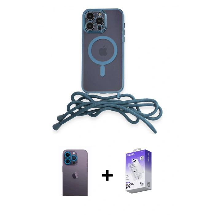 MARSİLYAN™- iPhone 13 Pro Max Kılıf Eksen Özel Seri - Siyah Bilvis 5in1 3D Magic Cam Ekran Koruyucu + Mavi Neon Fosforlu Kamera Lens