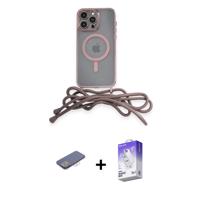 MARSİLYAN™- iPhone 13 Pro Max Kılıf Eksen Özel Seri - Siyah Bilvis 5in1 3D Magic Cam Ekran Koruyucu + Pembe Renkli Kamera Lens Koruma Cam