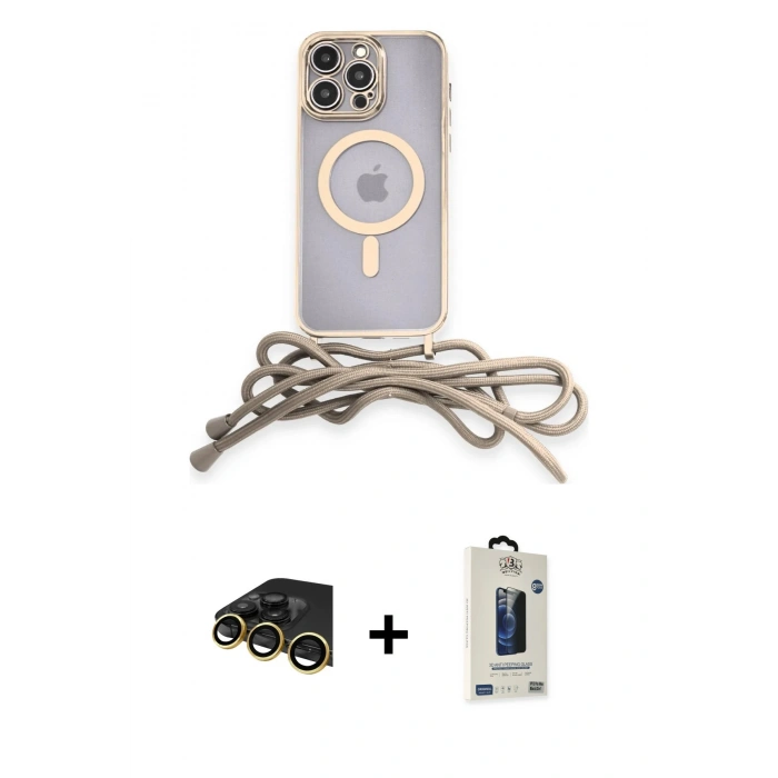MARSİLYAN™- iPhone 13 Pro Max Kılıf Eksen Özel Seri - Siyah Bilvis Hayalet Cam Ekran Koruyucu + Gold Raze Metal Kamera Lens