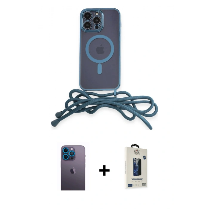 MARSİLYAN™- iPhone 13 Pro Max Kılıf Eksen Özel Seri - Siyah Bilvis Hayalet Cam Ekran Koruyucu + Mavi Neon Fosforlu Kamera Lens