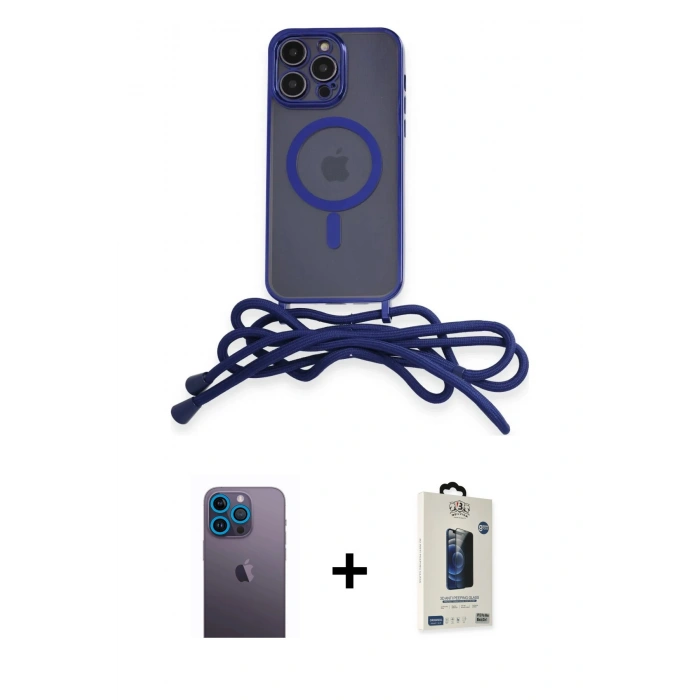 MARSİLYAN™- iPhone 13 Pro Max Kılıf Eksen Özel Seri - Siyah Bilvis Hayalet Cam Ekran Koruyucu + Mavi Neon Fosforlu Kamera Lens