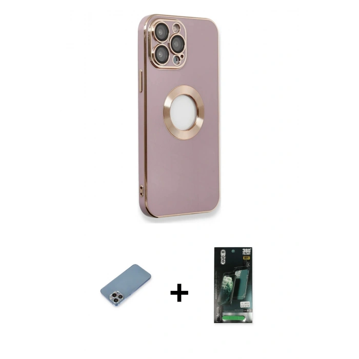 MARSİLYAN™- iPhone 13 Pro Max Kılıf İz Form Serisi - Şeffaf 360 Full Body Arka Koruyucu + Gökkuşağı Shine Kamera Lens Koruma Cam