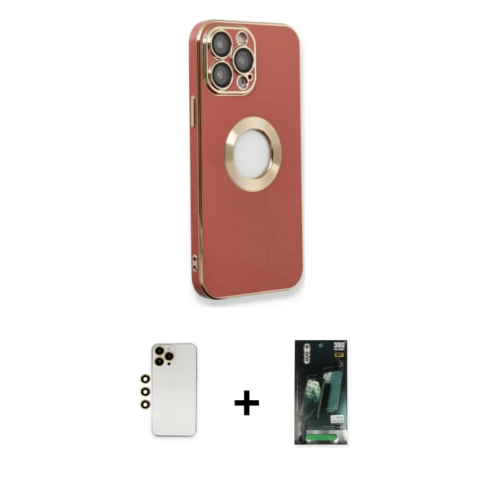 MARSİLYAN™- iPhone 13 Pro Max Kılıf İz Form Serisi - Şeffaf 360 Full Body Arka Koruyucu + Gold Shine Kamera Lens
