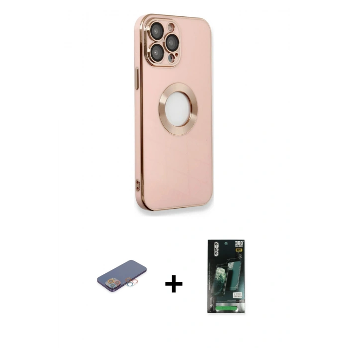 MARSİLYAN™- iPhone 13 Pro Max Kılıf İz Form Serisi - Şeffaf 360 Full Body Arka Koruyucu + Pembe Renkli Kamera Lens Koruma Cam