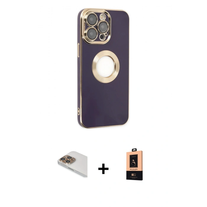 MARSİLYAN™- iPhone 13 Pro Max Kılıf İz Form Serisi - Şeffaf Maxco Cam Ekran Koruyucu + Gold Pers Alüminyum Kamera Lens