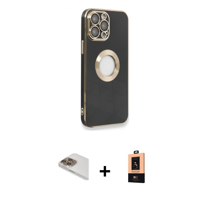 MARSİLYAN™- iPhone 13 Pro Max Kılıf İz Form Serisi - Şeffaf Maxco Cam Ekran Koruyucu + Gold Pers Alüminyum Kamera Lens