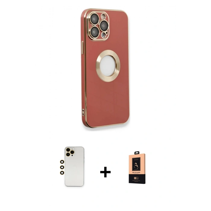 MARSİLYAN™- iPhone 13 Pro Max Kılıf İz Form Serisi - Şeffaf Maxco Cam Ekran Koruyucu + Gold Shine Kamera Lens