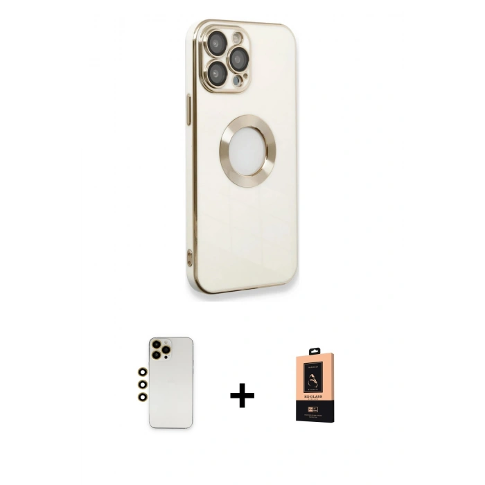 MARSİLYAN™- iPhone 13 Pro Max Kılıf İz Form Serisi - Şeffaf Maxco Cam Ekran Koruyucu + Gold Shine Kamera Lens