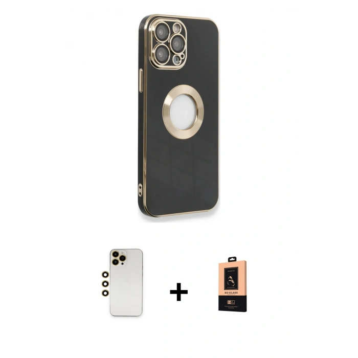 MARSİLYAN™- iPhone 13 Pro Max Kılıf İz Form Serisi - Şeffaf Maxco Cam Ekran Koruyucu + Gold Shine Kamera Lens