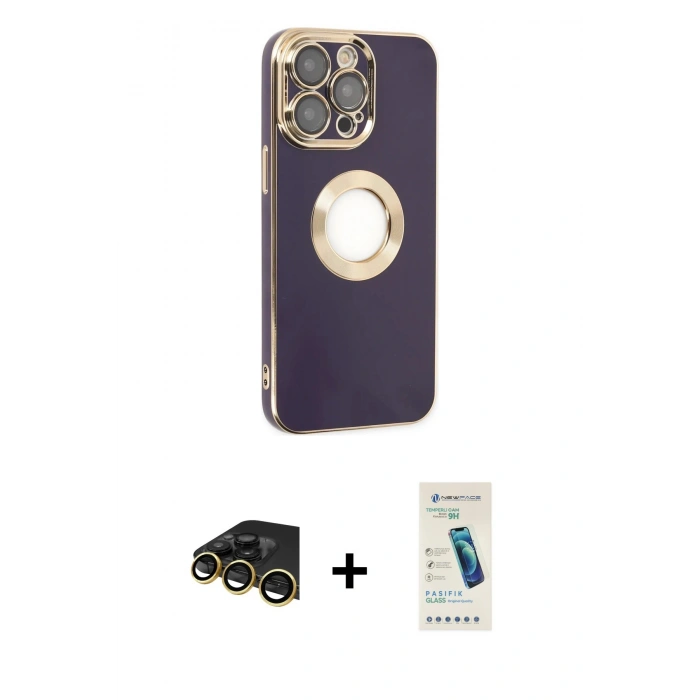 MARSİLYAN™- iPhone 13 Pro Max Kılıf İz Form Serisi - Şeffaf Pasifik Cam Ekran Koruyucu + Raze Metal Kamera Lens - GD