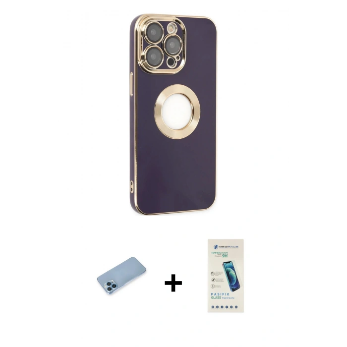 MARSİLYAN™- iPhone 13 Pro Max Kılıf İz Form Serisi - Şeffaf Pasifik Cam Ekran Koruyucu + Mavi Shine Kamera Lens Koruma Cam