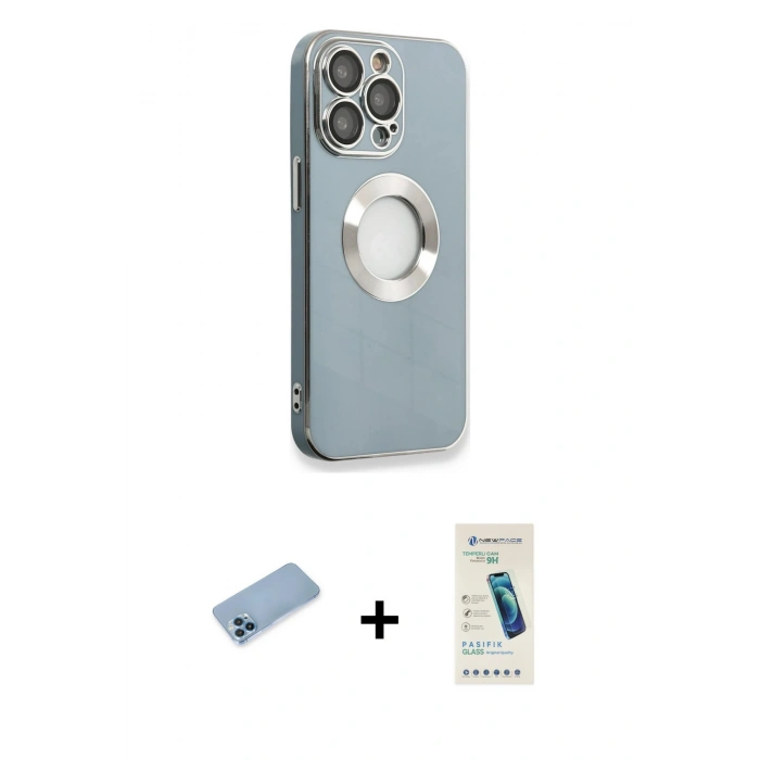 MARSİLYAN™- iPhone 13 Pro Max Kılıf İz Form Serisi - Şeffaf Pasifik Cam Ekran Koruyucu + Mavi Shine Kamera Lens Koruma Cam