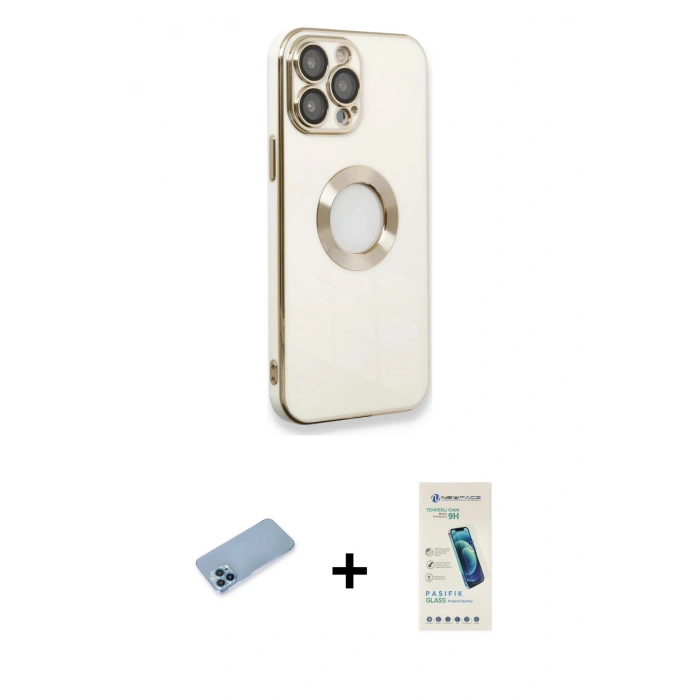 MARSİLYAN™- iPhone 13 Pro Max Kılıf İz Form Serisi - Şeffaf Pasifik Cam Ekran Koruyucu + Mavi Shine Kamera Lens Koruma Cam