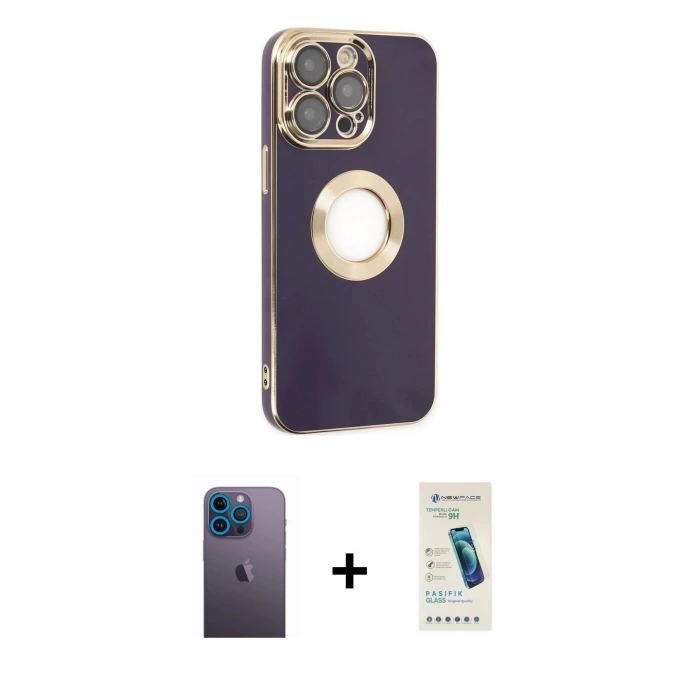MARSİLYAN™- iPhone 13 Pro Max Kılıf İz Form Serisi - Şeffaf Pasifik Cam Ekran Koruyucu + Neon Fosforlu Kamera Lens - MI