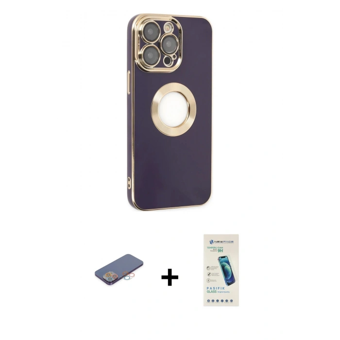 MARSİLYAN™- iPhone 13 Pro Max Kılıf İz Form Serisi - Şeffaf Pasifik Cam Ekran Koruyucu + Renkli Kamera Lens Koruma Cam - PE