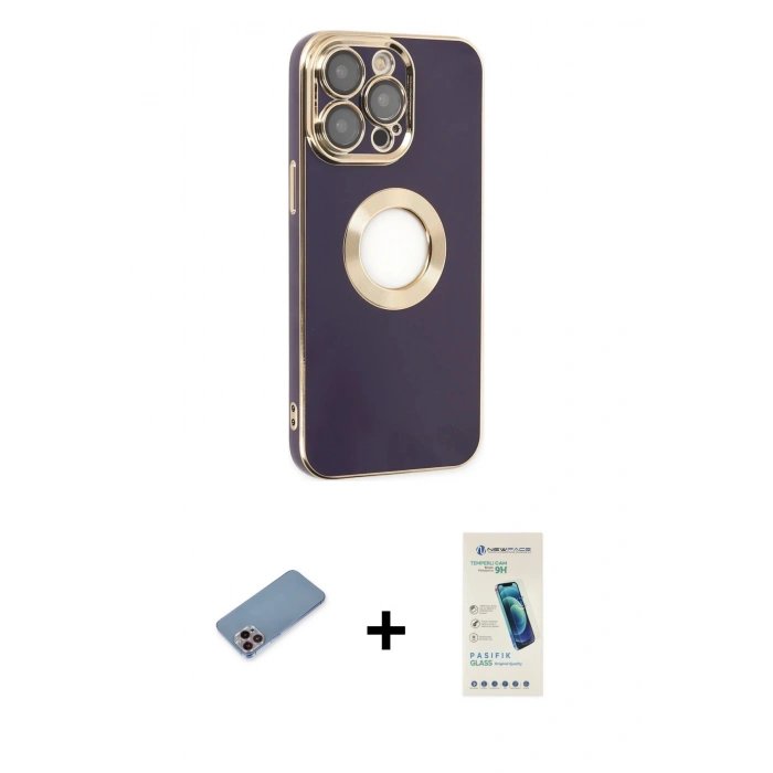 MARSİLYAN™- iPhone 13 Pro Max Kılıf İz Form Serisi - Şeffaf Pasifik Cam Ekran Koruyucu + Shine Kamera Lens Koruma Cam - PE