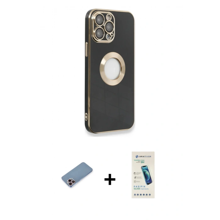 MARSİLYAN™- iPhone 13 Pro Max Kılıf İz Form Serisi - Şeffaf Pasifik Cam Ekran Koruyucu + Shine Kamera Lens Koruma Cam - PE