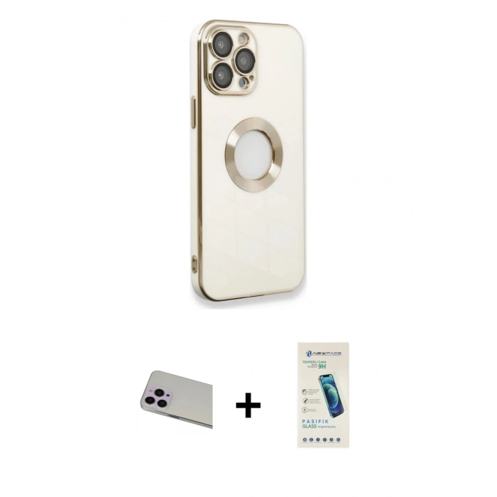 MARSİLYAN™- iPhone 13 Pro Max Kılıf İz Form Serisi - Şeffaf Pasifik Cam Ekran Koruyucu + Rainbow Kamera Lens Koruma Cam - MR