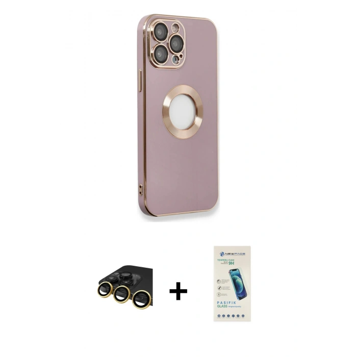 MARSİLYAN™- iPhone 13 Pro Max Kılıf İz Form Serisi - Şeffaf Pasifik Cam Ekran Koruyucu + Raze Metal Kamera Lens - GD