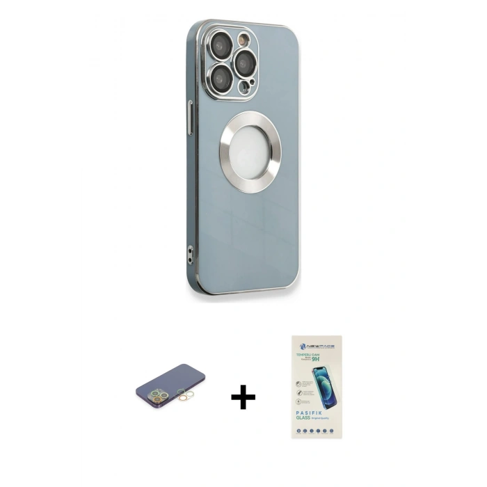 MARSİLYAN™- iPhone 13 Pro Max Kılıf İz Form Serisi - Şeffaf Pasifik Cam Ekran Koruyucu + Renkli Kamera Lens Koruma Cam - SI