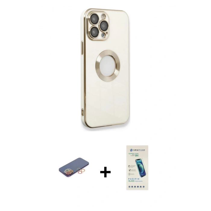 MARSİLYAN™- iPhone 13 Pro Max Kılıf İz Form Serisi - Şeffaf Pasifik Cam Ekran Koruyucu + Renkli Kamera Lens Koruma Cam - TU