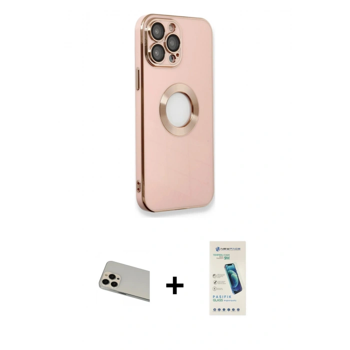 MARSİLYAN™- iPhone 13 Pro Max Kılıf İz Form Serisi - Şeffaf Pasifik Cam Ekran Koruyucu + Rose Gold Rainbow Kamera Lens Koruma Cam