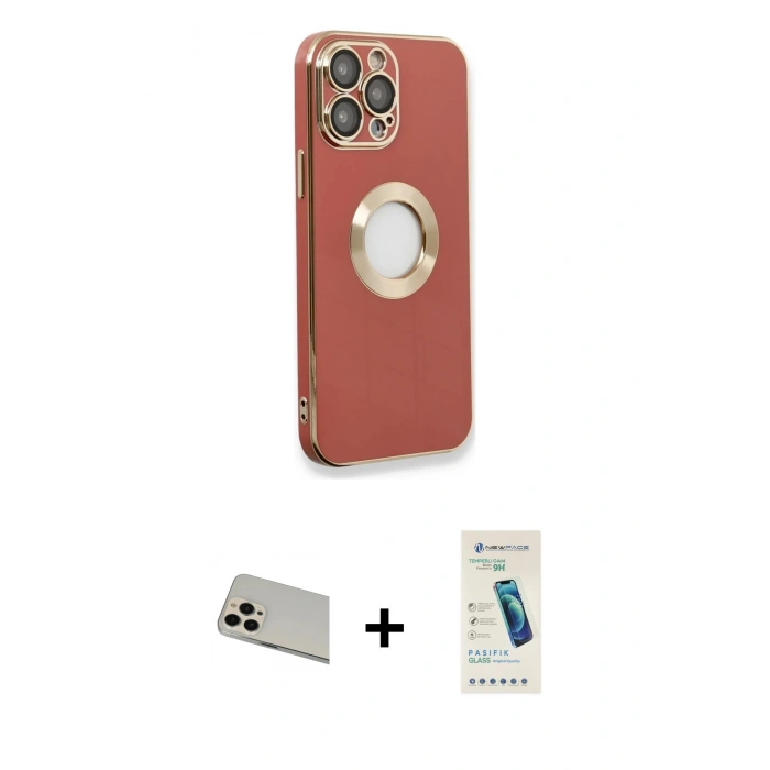 MARSİLYAN™- iPhone 13 Pro Max Kılıf İz Form Serisi - Şeffaf Pasifik Cam Ekran Koruyucu + Rose Gold Rainbow Kamera Lens Koruma Cam