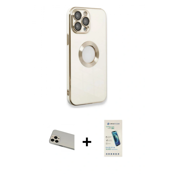 MARSİLYAN™- iPhone 13 Pro Max Kılıf İz Form Serisi - Şeffaf Pasifik Cam Ekran Koruyucu + Rose Gold Rainbow Kamera Lens Koruma Cam